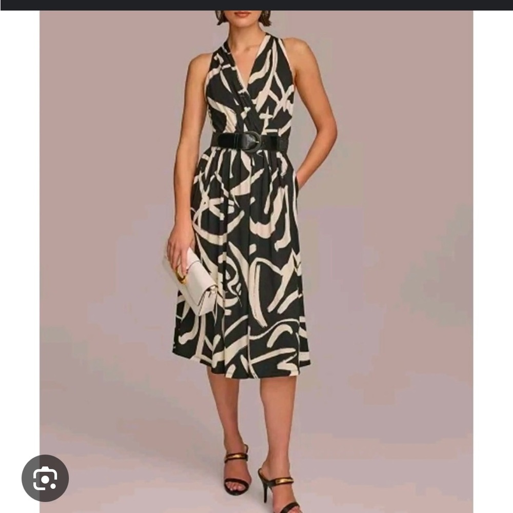 NWOT Donna Karan Black and Cream Patterned Midi Dress